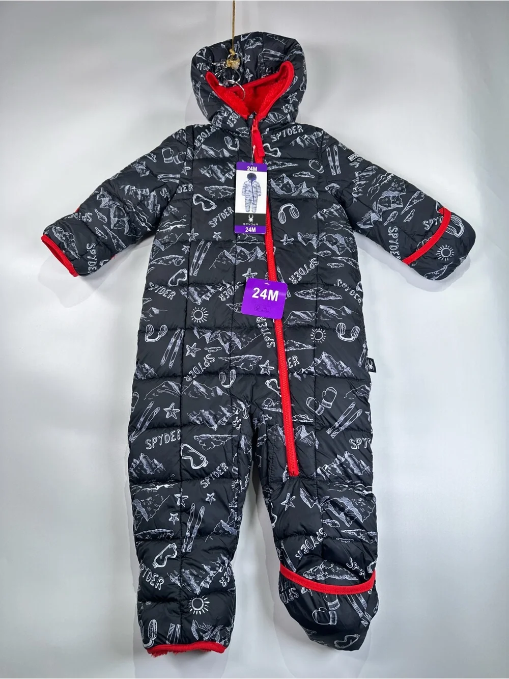 Spyder Snowsuit Bunting Hooded Sherpa Lined Doodle Print Black Red 24M